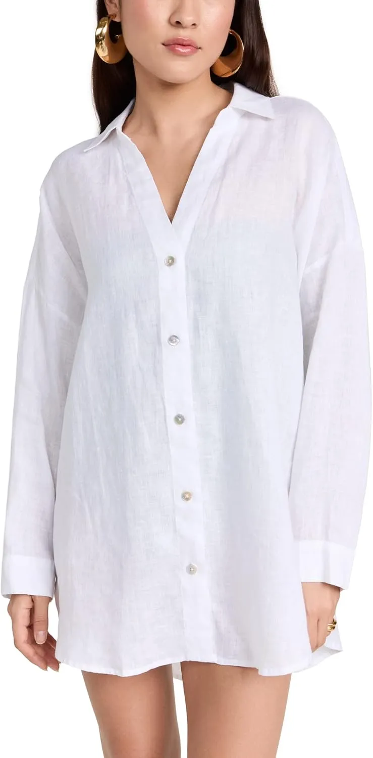L*Space Rio Tunic for Women, Button Down Collared Shirt, Long Sleeve Top With Buttoned Cuffs, Beach Cover Up, 100% Linen