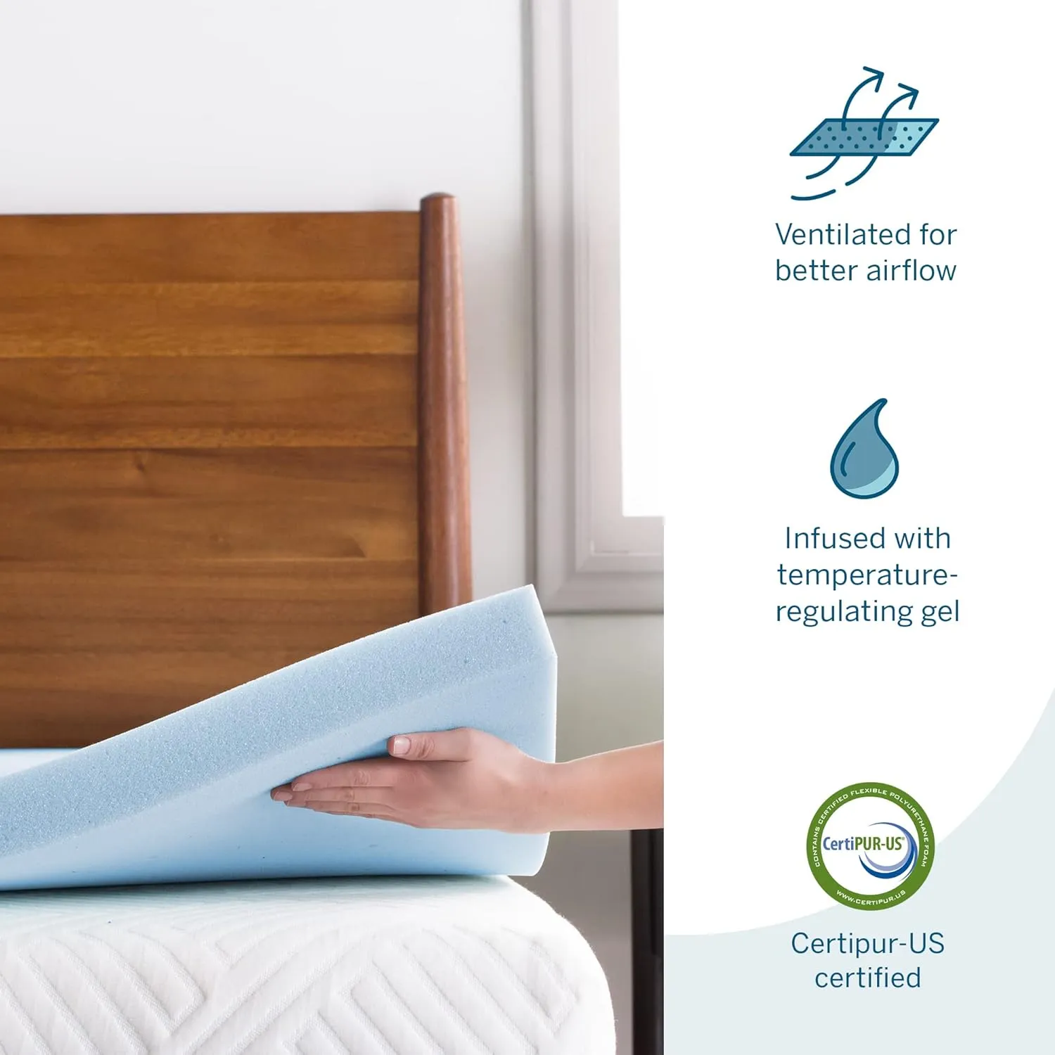 Lucid 3 Inch Mattress Topper King - Gel Infused Memory Foam – Memory Foam Mattress Topper King – Ventilated Design – CertiPur Certified, Light Blue