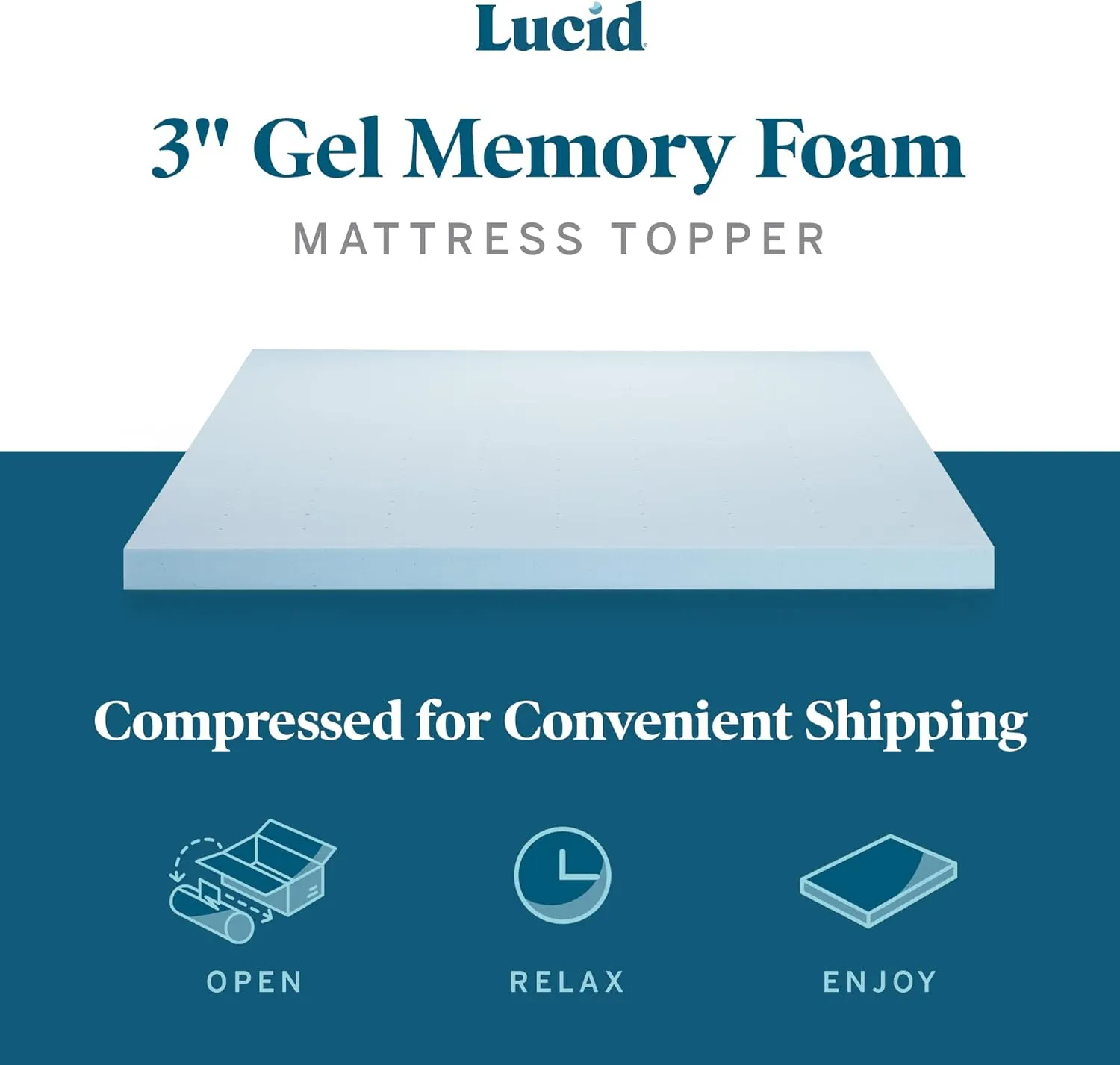 Lucid 3 Inch Mattress Topper King - Gel Infused Memory Foam – Memory Foam Mattress Topper King – Ventilated Design – CertiPur Certified, Light Blue