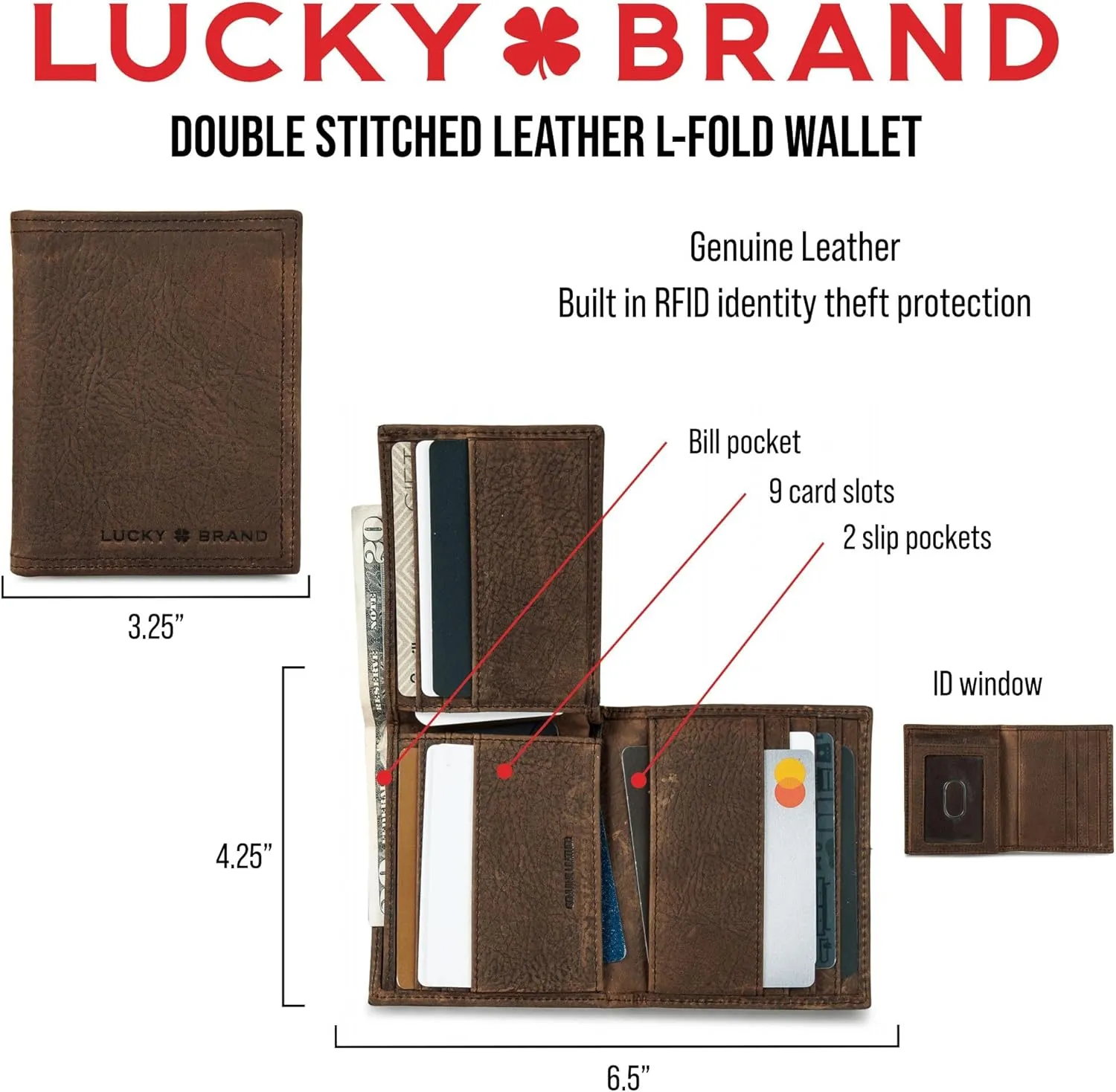 Lucky Brand Men's Trifold Wallet | Id Window | Card Slots | Leather | Organization | Durable | Stylish
