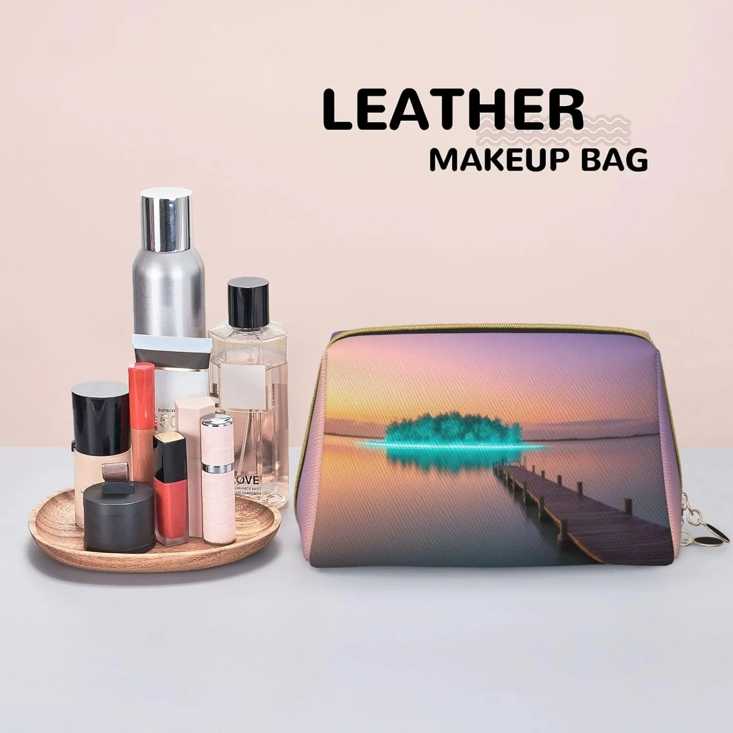 Luminous Lagoon Printed Small Makeup Bag,Travel Cosmetic Bag Purse with Zipper,Water-resistant Makeup Organizer Bag for Women