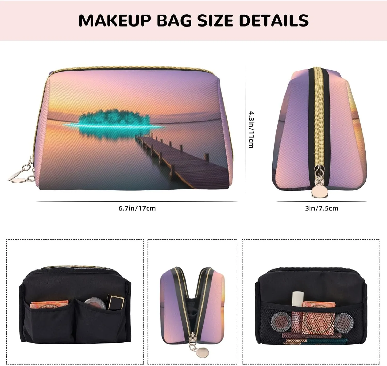 Luminous Lagoon Printed Small Makeup Bag,Travel Cosmetic Bag Purse with Zipper,Water-resistant Makeup Organizer Bag for Women
