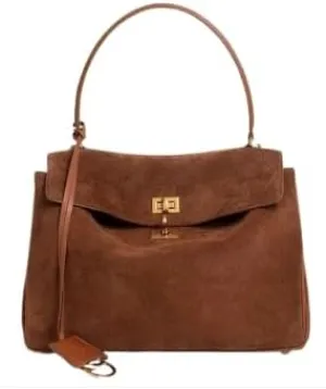 Luxury Suede Leather Shoulder Bag, Large Capacity Tote Handbag with Gold Hardware, Brown