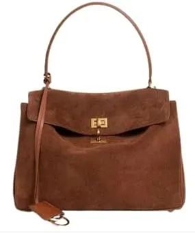 Luxury Suede Leather Shoulder Bag, Large Capacity Tote Handbag with Gold Hardware, Brown