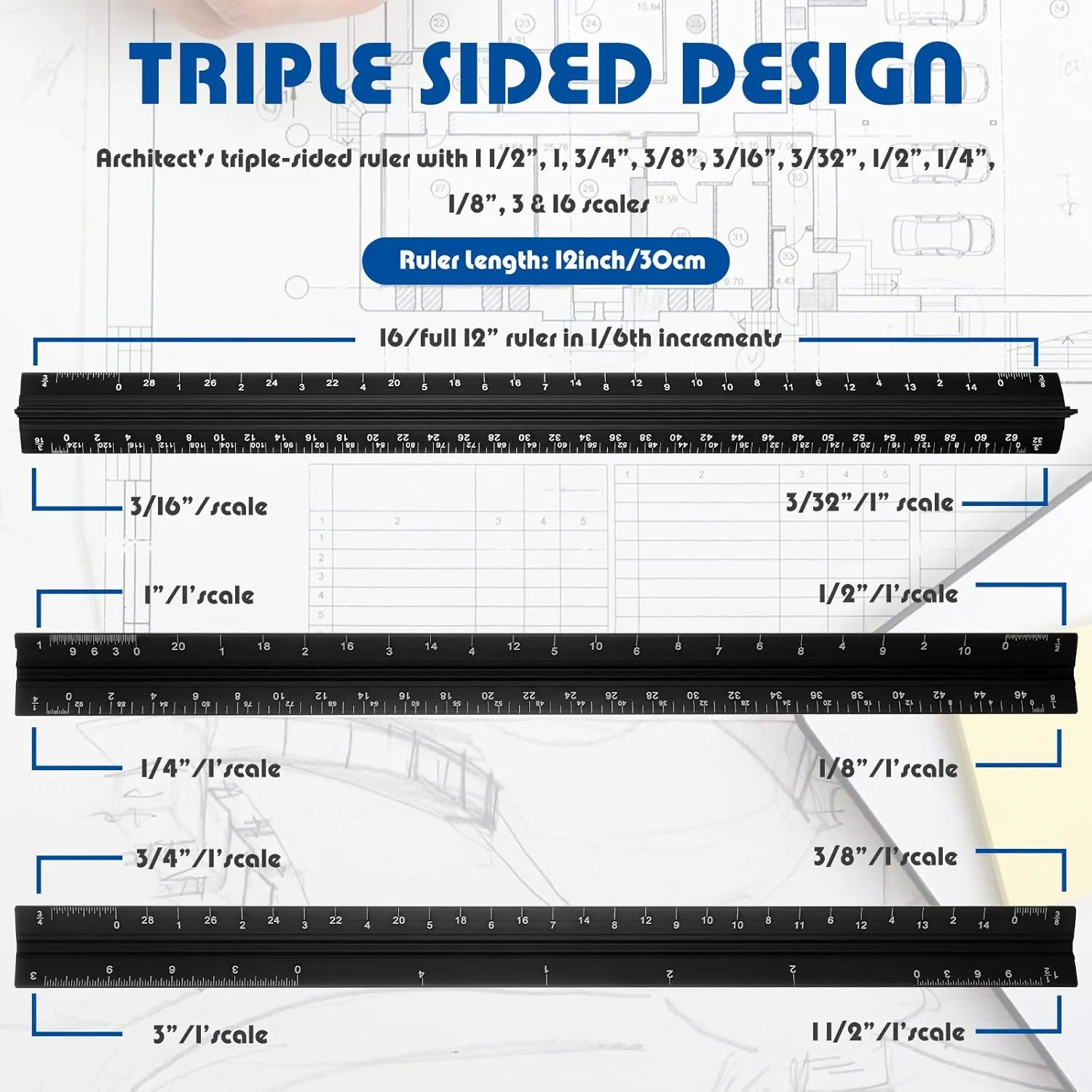 Macarrie 10 Pcs Architectural Scale Triangular Ruler 12" Architect Engineers Scale Ruler Set Aluminum Metal Ruler with Imperial Measurements for Architect Student Draftsman Engineer (Black)