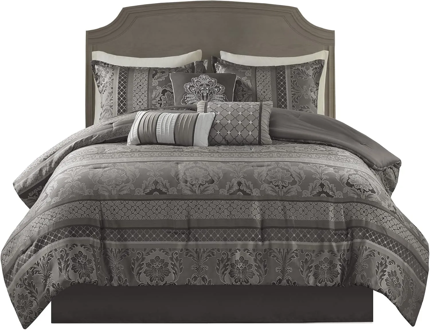 Madison Park Bellagio Cozy Comforter Set - Luxurious Jaquard Traditional Damask Design, All Season Down Alternative Bedding with Matching Shams, Decorative Pillow, Cal King(104"x92"), Grey 7 Piece