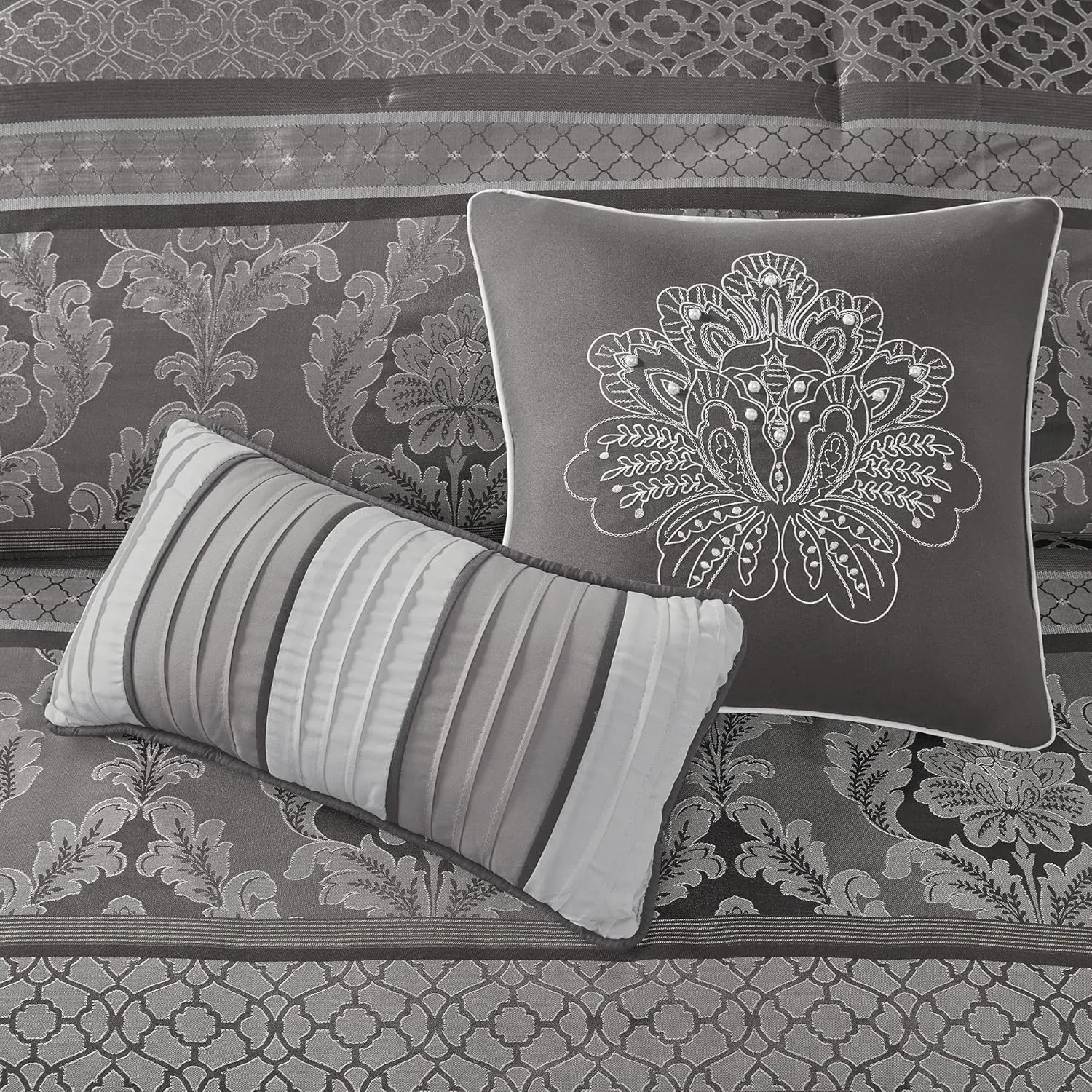 Madison Park Bellagio Cozy Comforter Set - Luxurious Jaquard Traditional Damask Design, All Season Down Alternative Bedding with Matching Shams, Decorative Pillow, Cal King(104"x92"), Grey 7 Piece