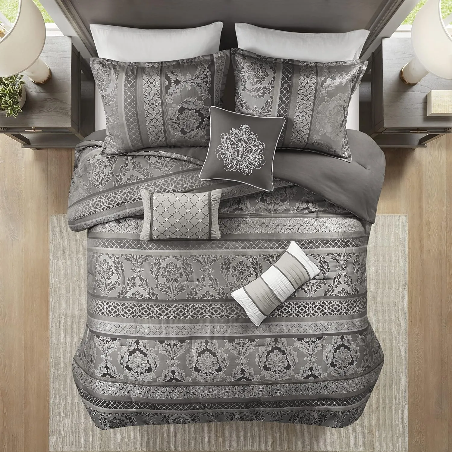 Madison Park Bellagio Cozy Comforter Set - Luxurious Jaquard Traditional Damask Design, All Season Down Alternative Bedding with Matching Shams, Decorative Pillow, Cal King(104"x92"), Grey 7 Piece