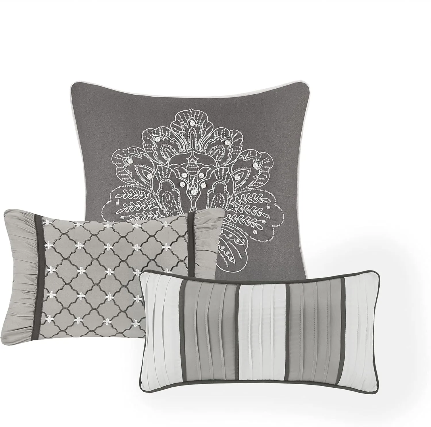 Madison Park Bellagio Cozy Comforter Set - Luxurious Jaquard Traditional Damask Design, All Season Down Alternative Bedding with Matching Shams, Decorative Pillow, Cal King(104"x92"), Grey 7 Piece
