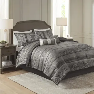 Madison Park Bellagio Cozy Comforter Set - Luxurious Jaquard Traditional Damask Design, All Season Down Alternative Bedding with Matching Shams, Decorative Pillow, Cal King(104"x92"), Grey 7 Piece