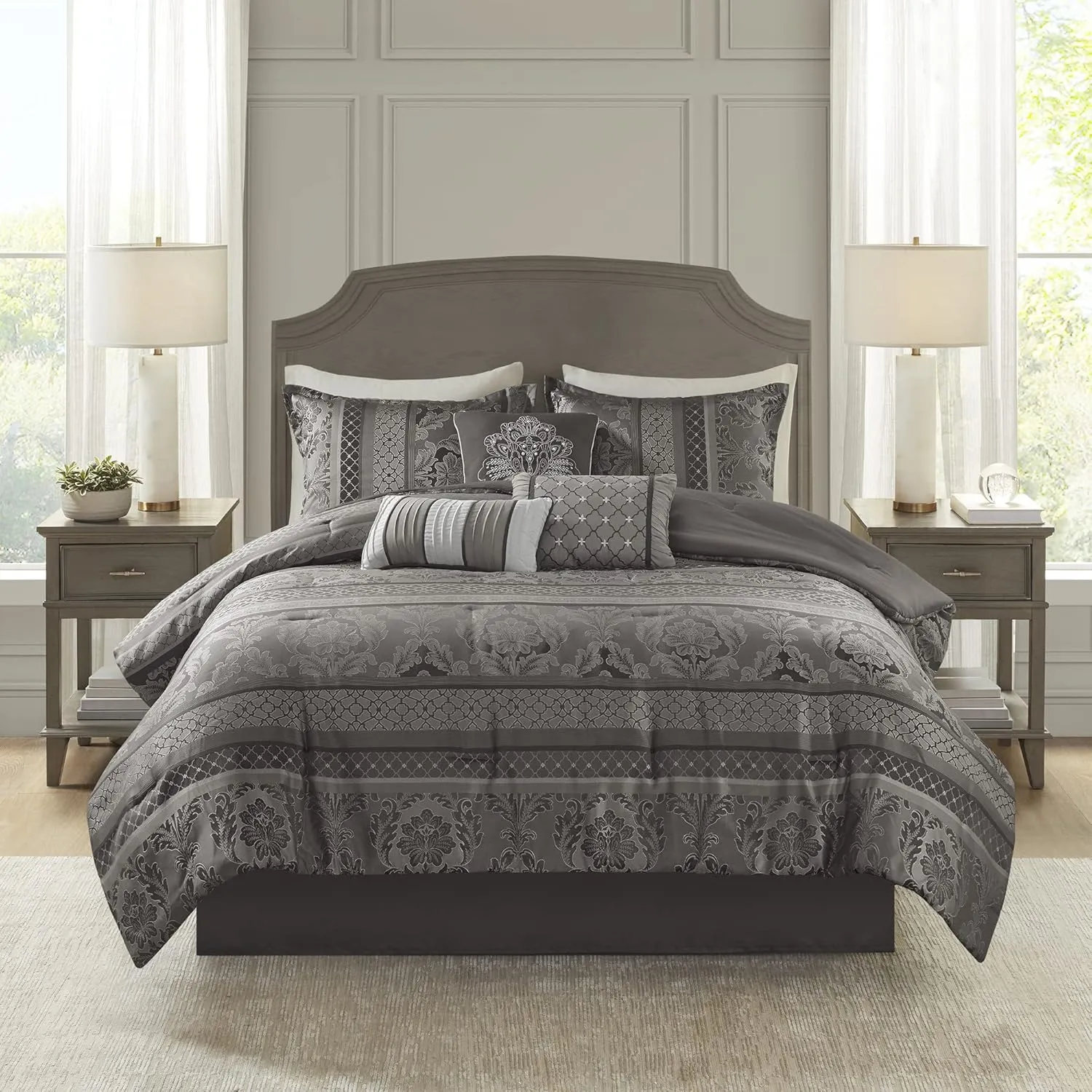 Madison Park Bellagio Cozy Comforter Set - Luxurious Jaquard Traditional Damask Design, All Season Down Alternative Bedding with Matching Shams, Decorative Pillow, Cal King(104"x92"), Grey 7 Piece