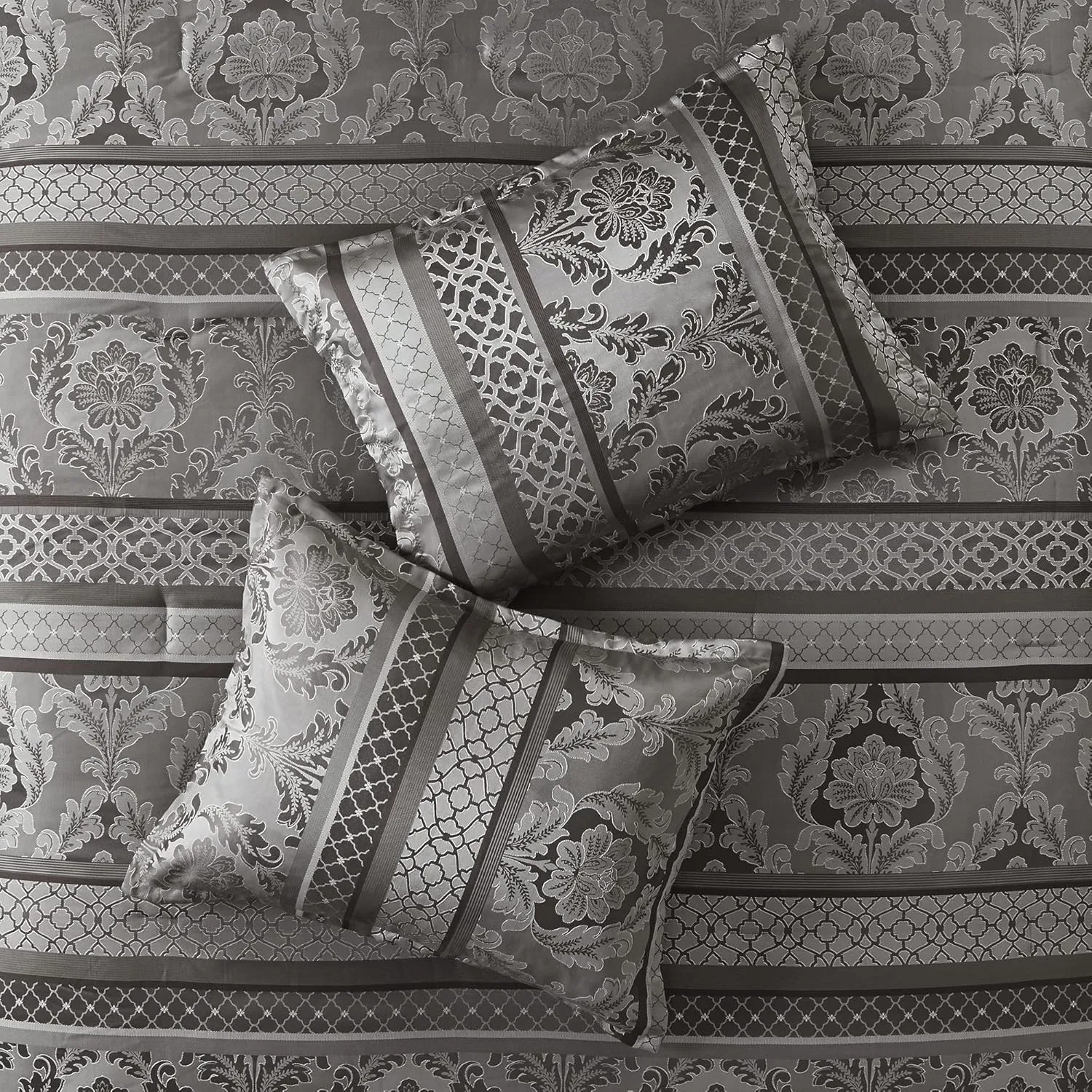 Madison Park Bellagio Cozy Comforter Set - Luxurious Jaquard Traditional Damask Design, All Season Down Alternative Bedding with Matching Shams, Decorative Pillow, Cal King(104"x92"), Grey 7 Piece