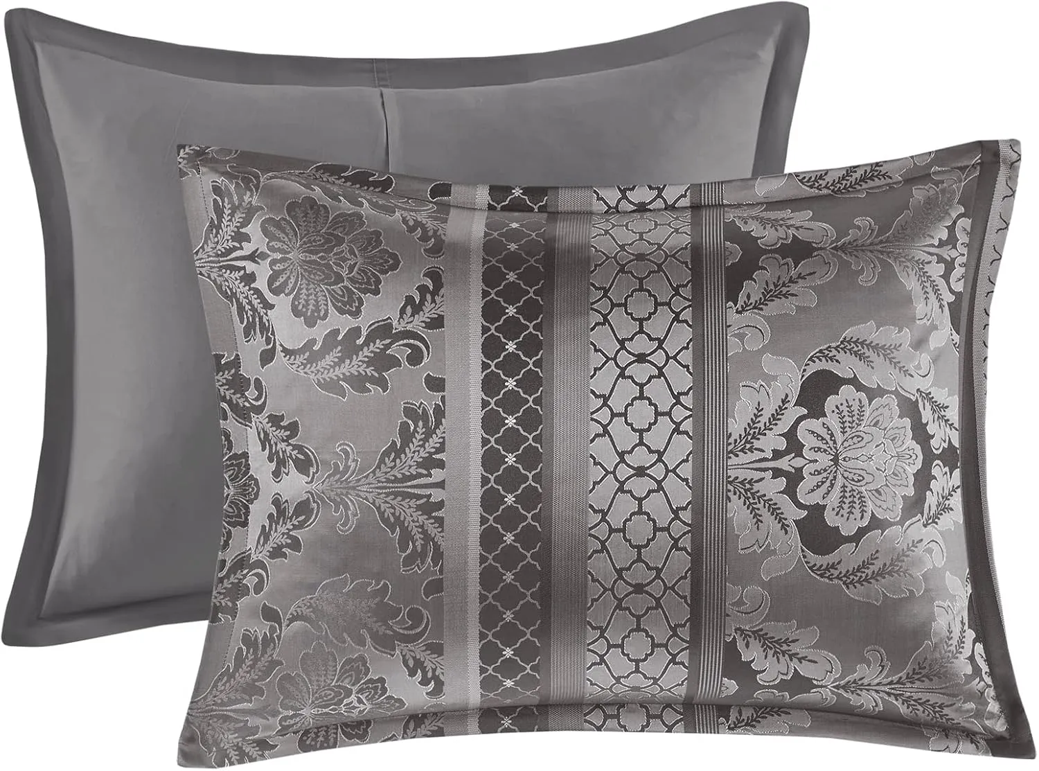 Madison Park Bellagio Cozy Comforter Set - Luxurious Jaquard Traditional Damask Design, All Season Down Alternative Bedding with Matching Shams, Decorative Pillow, Cal King(104"x92"), Grey 7 Piece