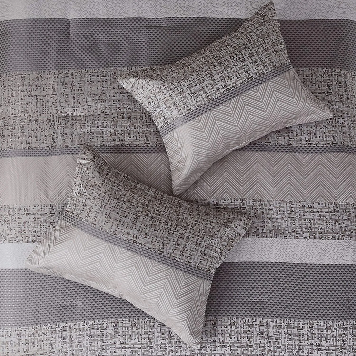 Madison Park Luxury Comforter Set-Traditional Jacquard Design All Season Down Alternative Bedding, Matching Bedskirt, Decorative Pillows, Queen(90"x90"), Rhapsody, Striped Grey/Taupe 7 Piece
