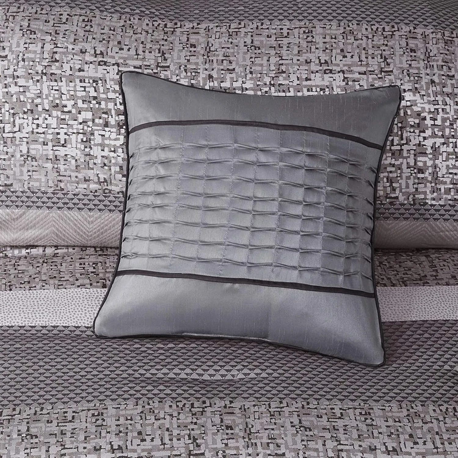 Madison Park Luxury Comforter Set-Traditional Jacquard Design All Season Down Alternative Bedding, Matching Bedskirt, Decorative Pillows, Queen(90"x90"), Rhapsody, Striped Grey/Taupe 7 Piece