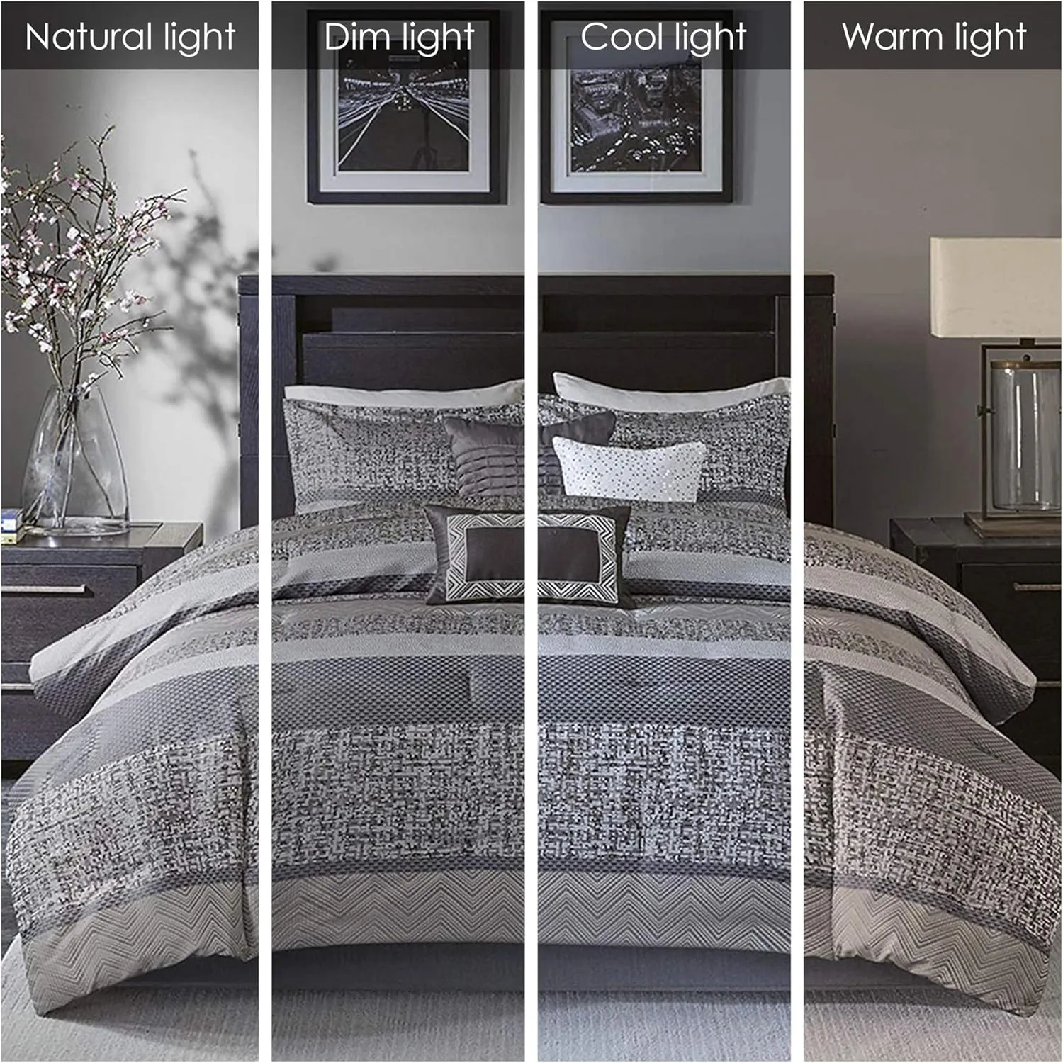 Madison Park Luxury Comforter Set-Traditional Jacquard Design All Season Down Alternative Bedding, Matching Bedskirt, Decorative Pillows, Queen(90"x90"), Rhapsody, Striped Grey/Taupe 7 Piece