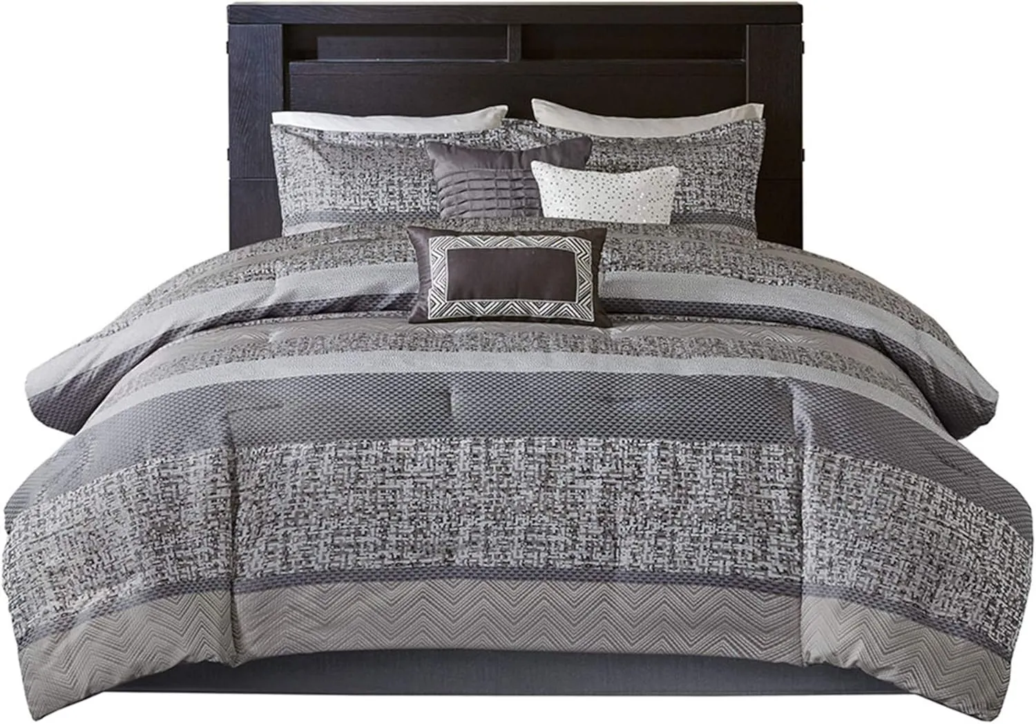 Madison Park Luxury Comforter Set-Traditional Jacquard Design All Season Down Alternative Bedding, Matching Bedskirt, Decorative Pillows, Queen(90"x90"), Rhapsody, Striped Grey/Taupe 7 Piece