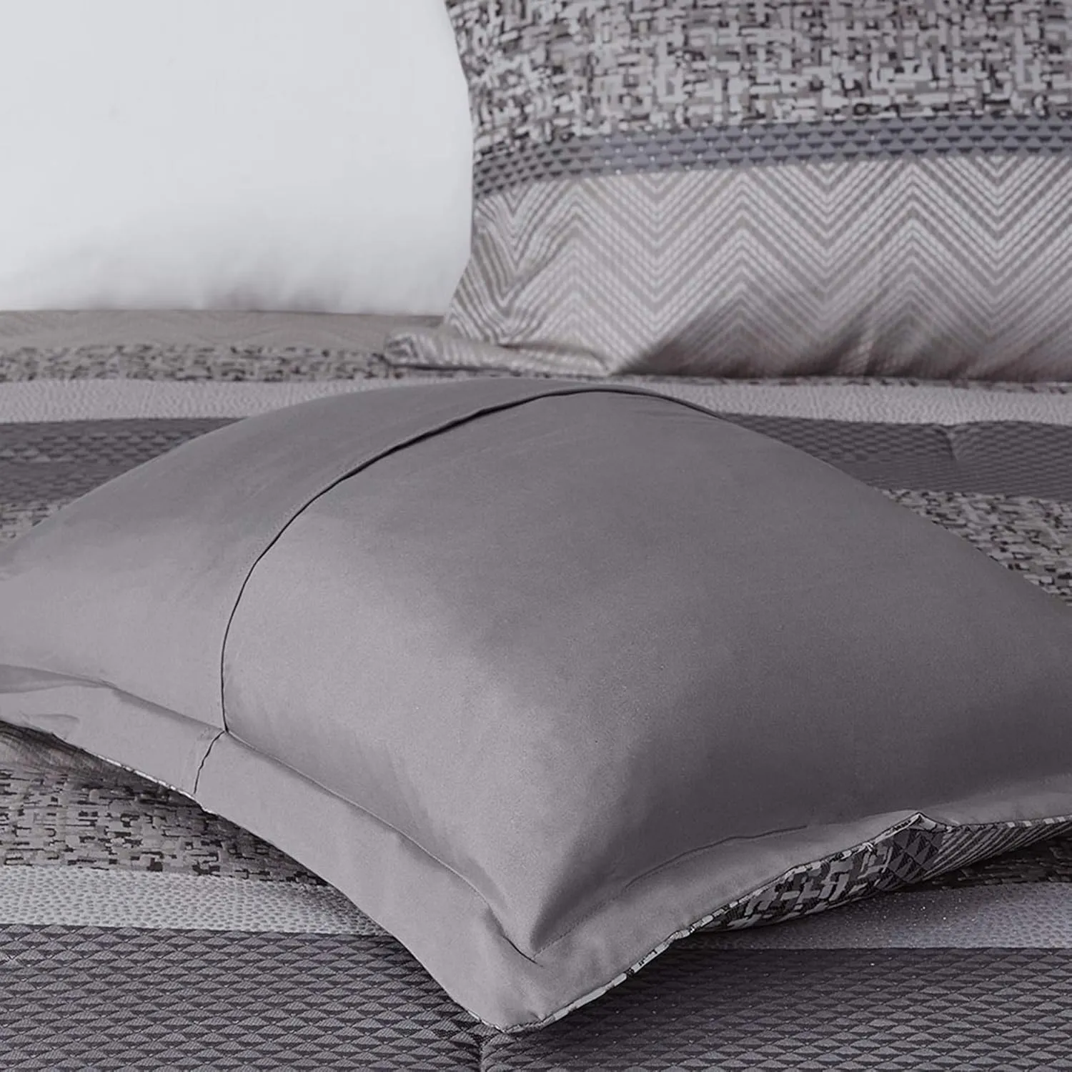 Madison Park Luxury Comforter Set-Traditional Jacquard Design All Season Down Alternative Bedding, Matching Bedskirt, Decorative Pillows, Queen(90"x90"), Rhapsody, Striped Grey/Taupe 7 Piece