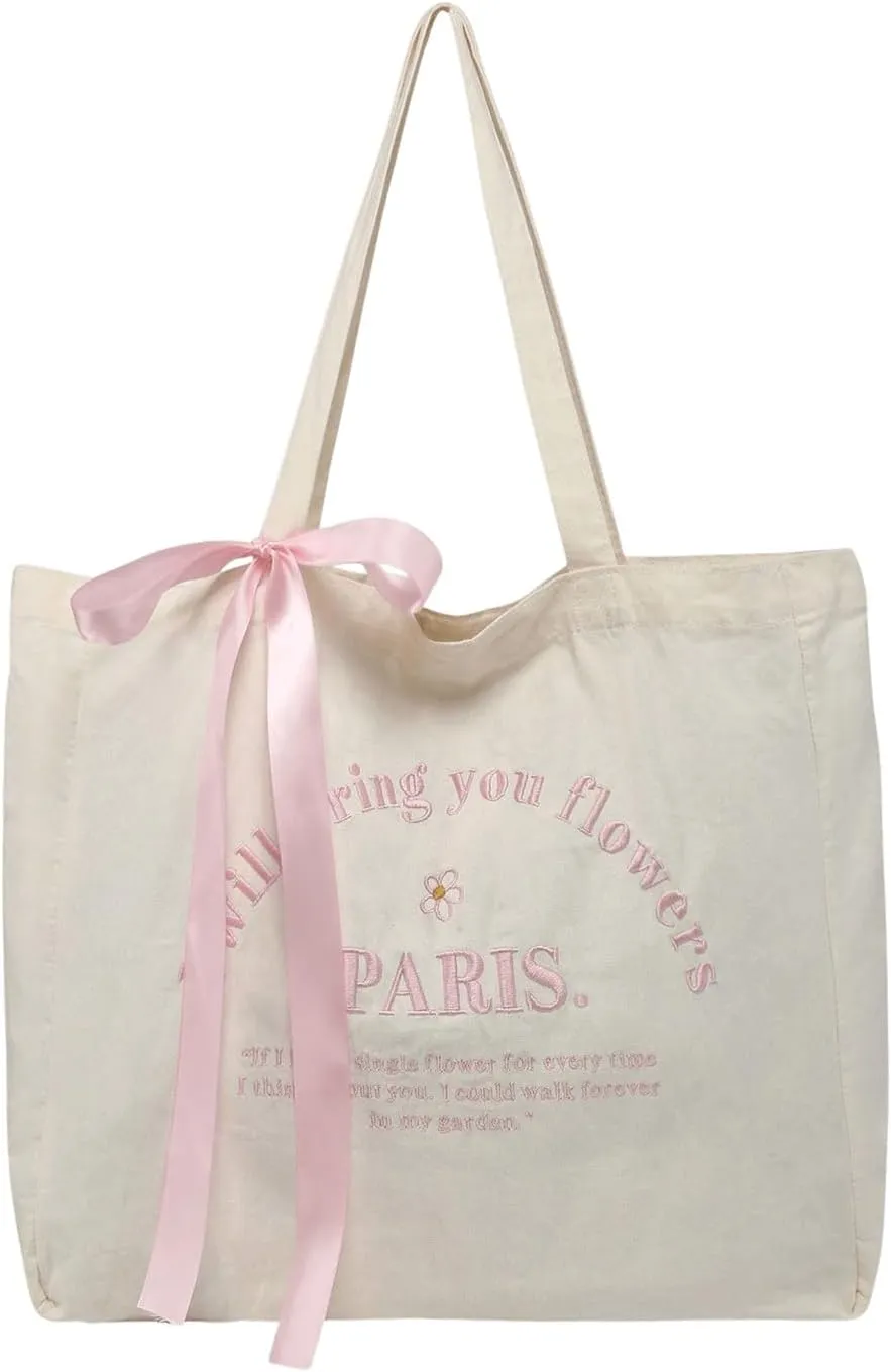 MakeMeChic Women's Letter Embroidery Bow Knot Double Strap Foldable Large Tote Bags