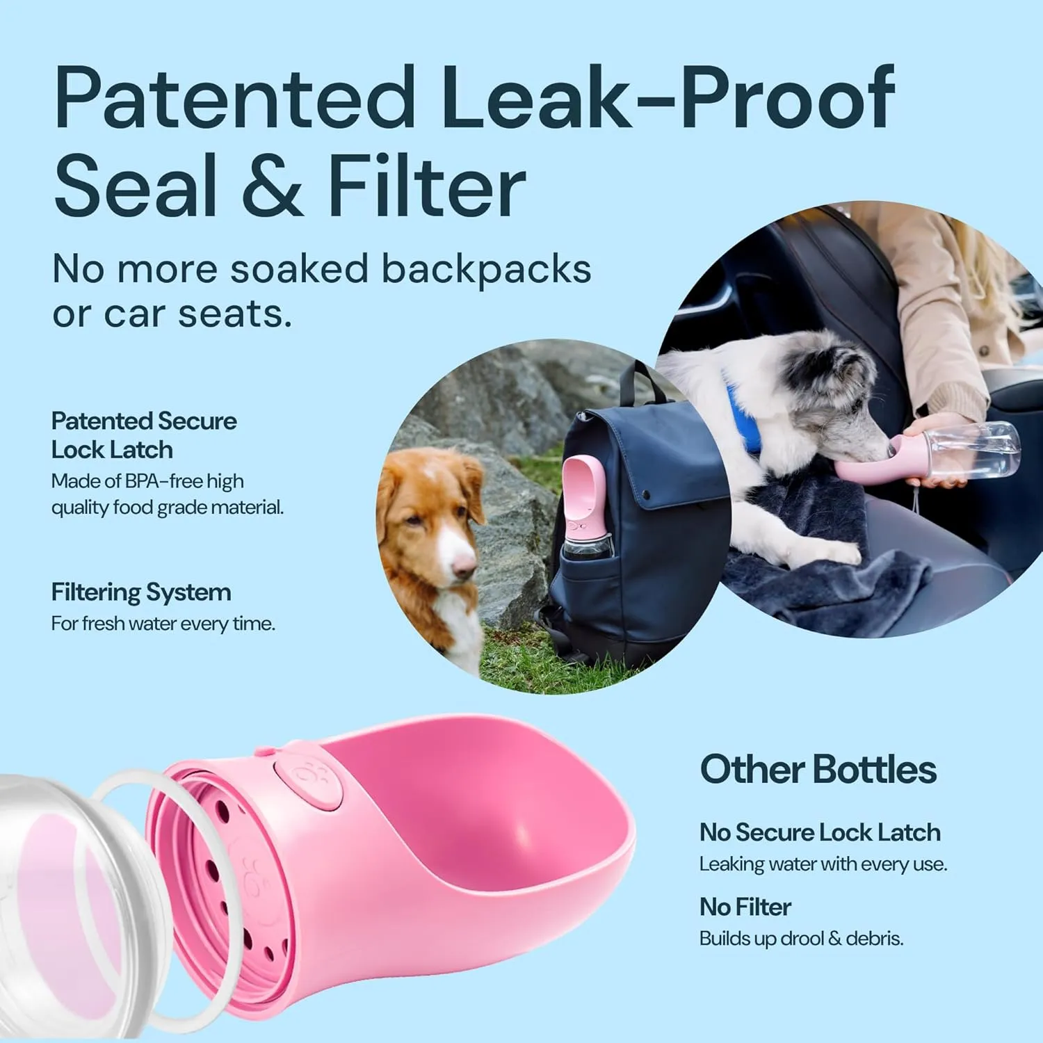MalsiPree Leak Proof Portable Dog Water Bottle - Lightweight Travel Cup - 12 oz, Pink Bowl for Pets - Food Grade Plastic - Dog Bowls - Puppy Essentials Girl
