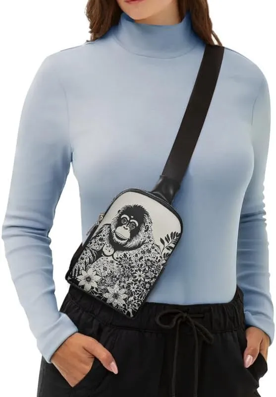 Mandala Animal Small Sling Bag for Women PU Leather Cross Body Fanny Pack Purse, Ethnic Gorilla Print Travel Shoulder Purse with Adjustable Strap