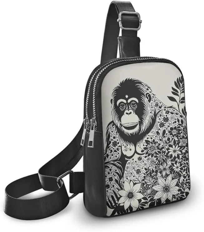 Mandala Animal Small Sling Bag for Women PU Leather Cross Body Fanny Pack Purse, Ethnic Gorilla Print Travel Shoulder Purse with Adjustable Strap