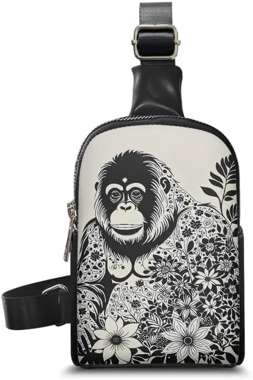 Mandala Animal Small Sling Bag for Women PU Leather Cross Body Fanny Pack Purse, Ethnic Gorilla Print Travel Shoulder Purse with Adjustable Strap