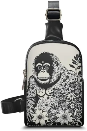 Mandala Animal Small Sling Bag for Women PU Leather Cross Body Fanny Pack Purse, Ethnic Gorilla Print Travel Shoulder Purse with Adjustable Strap