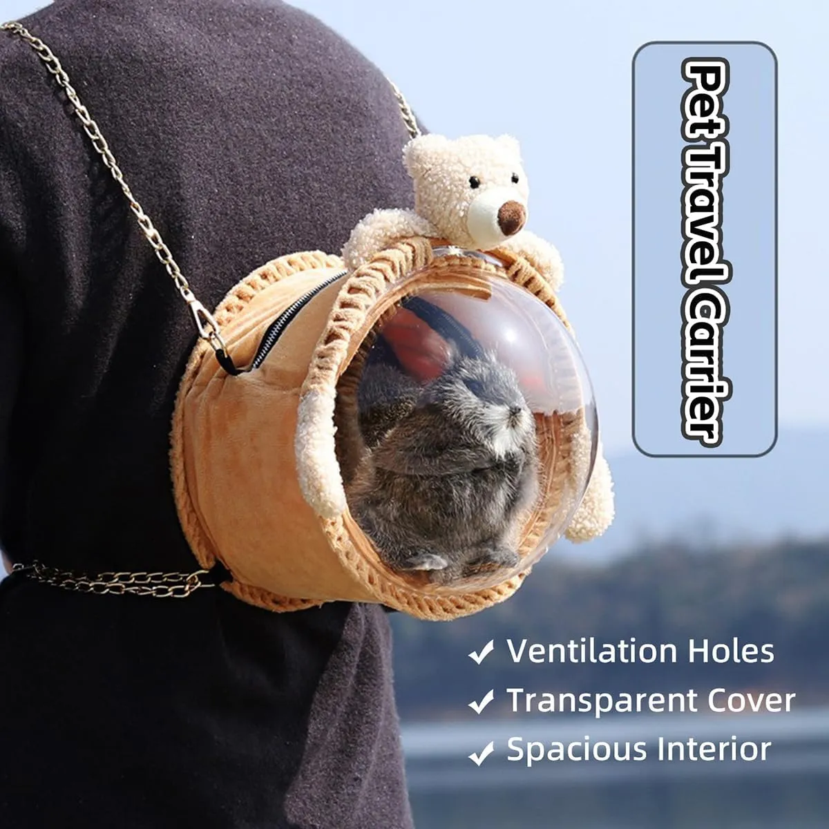 MANON ROSA Bird Carrier Backpack – Breathable Travel Bag with Clear Dome, Cute Cozy and Lightweight for Small Parrots Parakeet Lovebirds Budgie Cockatiel Sugar Gliders Hamsters Rabbits (Bear,Large)