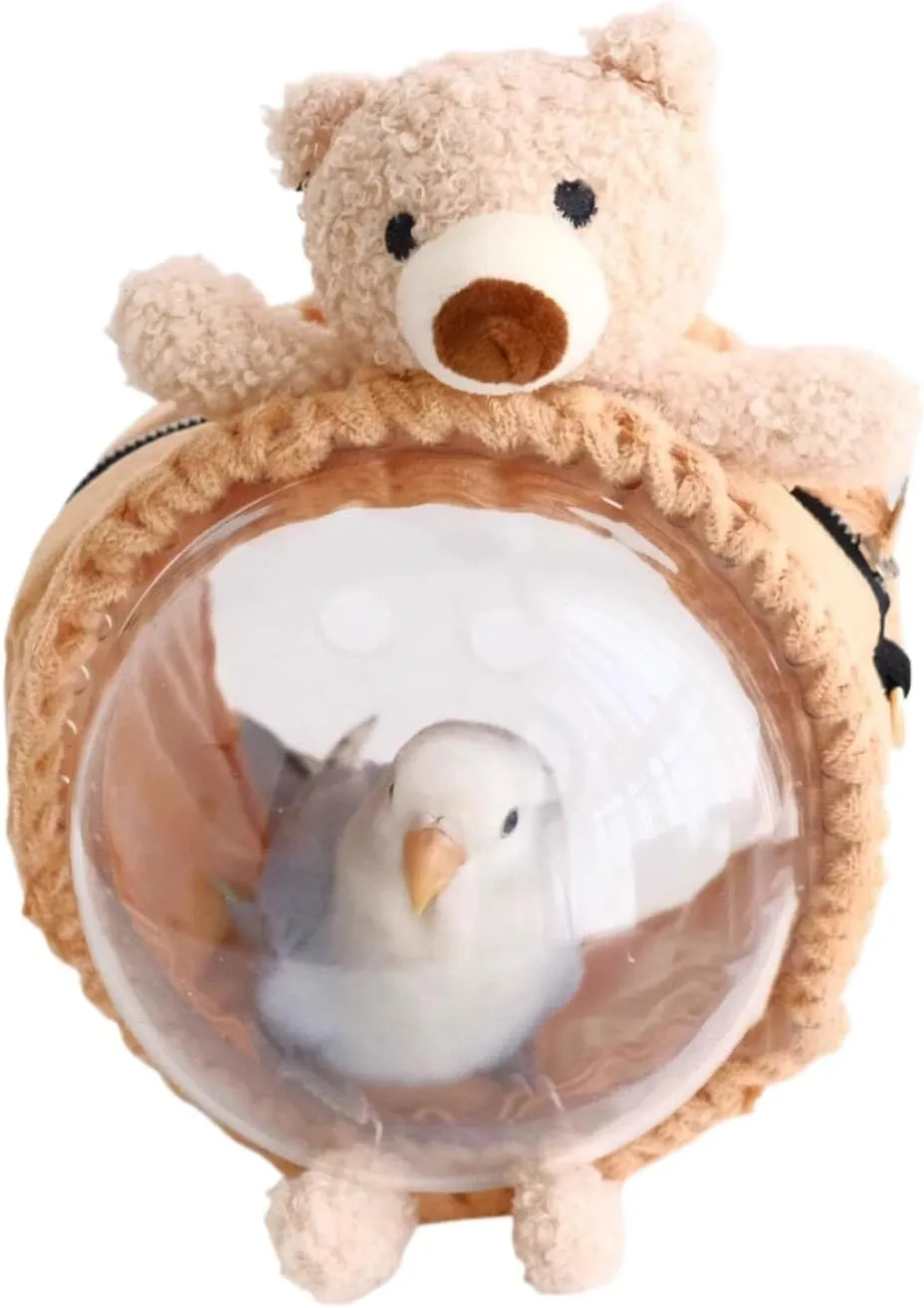 MANON ROSA Bird Carrier Backpack – Breathable Travel Bag with Clear Dome, Cute Cozy and Lightweight for Small Parrots Parakeet Lovebirds Budgie Cockatiel Sugar Gliders Hamsters Rabbits (Bear,Large)