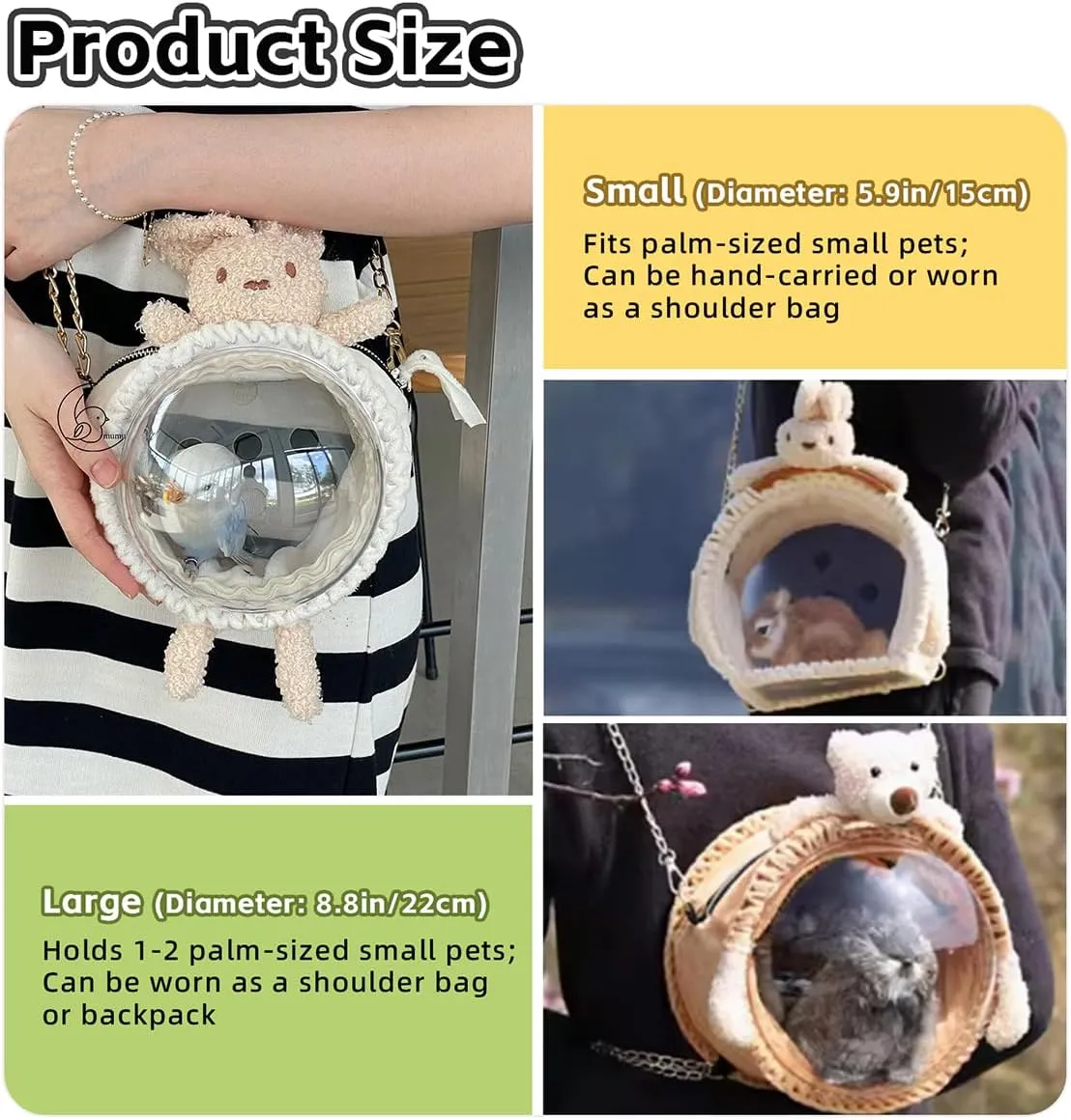 MANON ROSA Bird Carrier Backpack – Breathable Travel Bag with Clear Dome, Cute Cozy and Lightweight for Small Parrots Parakeet Lovebirds Budgie Cockatiel Sugar Gliders Hamsters Rabbits (Bear,Large)