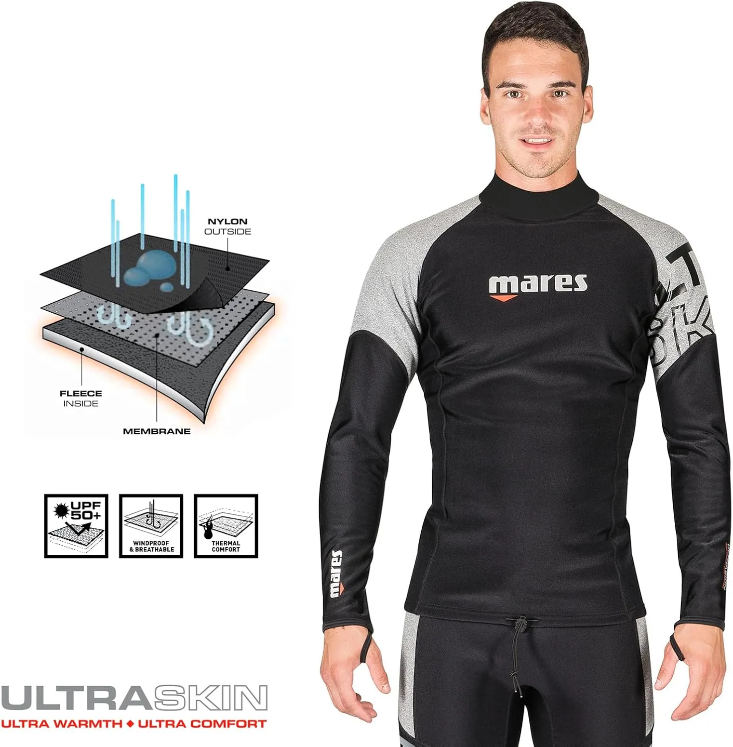 Mares Men's Ultra Skin Long Sleeve Thermal UPF 50  Diving Water Sports Under Wetsuit & Dry Suit Top