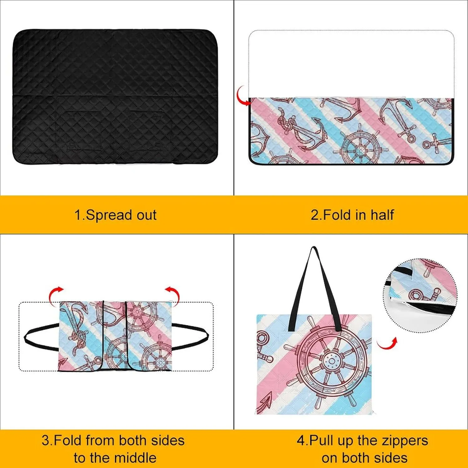 Maritimes-Symbols Picnic Blanket Beach Blankets 60""x40"", Foldable Tote Bag, 3-Layer Sandproof Waterproof Travel Blanket for Outdoor Beach Park Hiking Music Festival, 150x100cm, Style-2