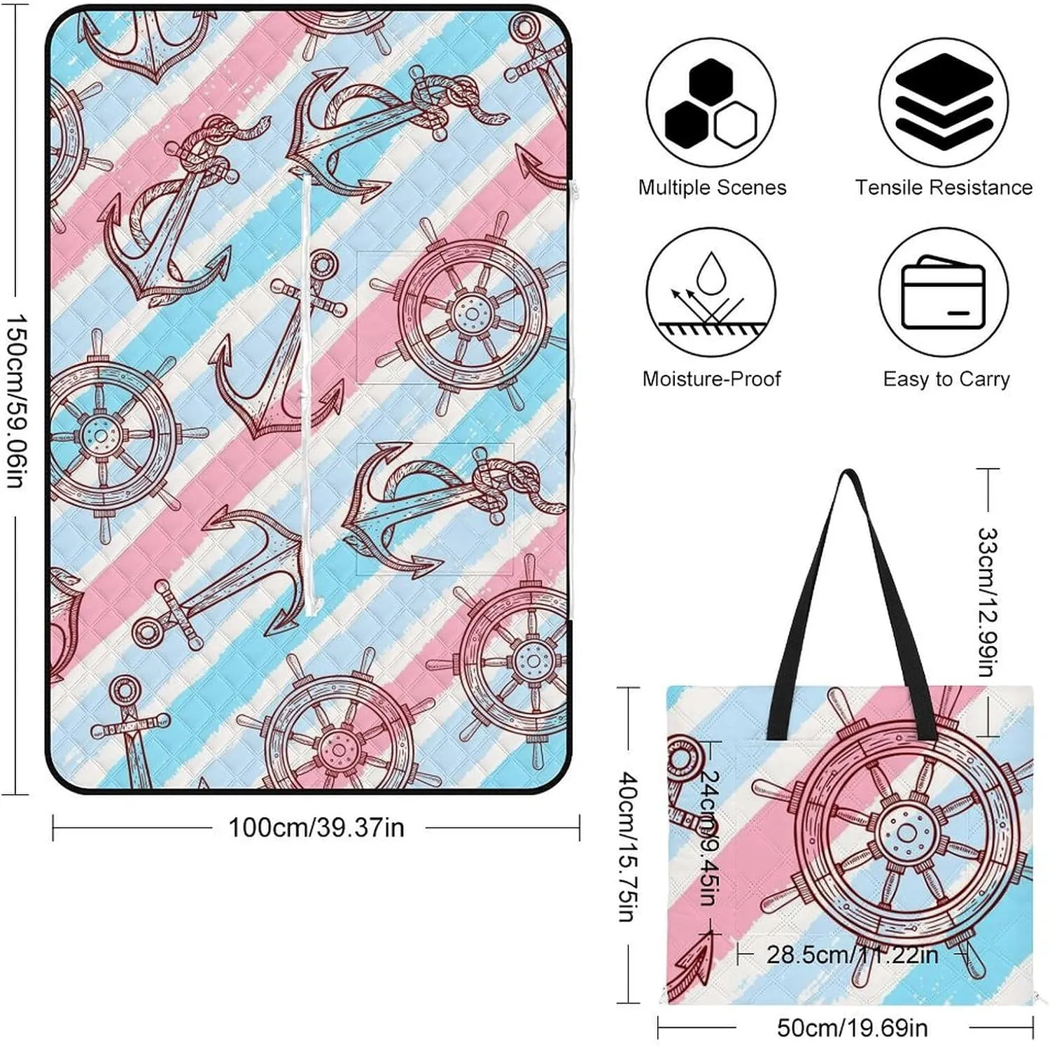 Maritimes-Symbols Picnic Blanket Beach Blankets 60""x40"", Foldable Tote Bag, 3-Layer Sandproof Waterproof Travel Blanket for Outdoor Beach Park Hiking Music Festival, 150x100cm, Style-2