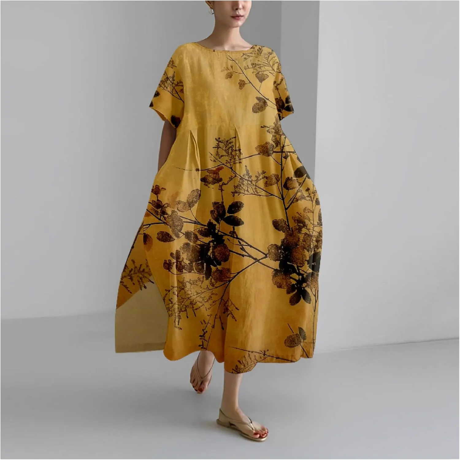 MARSVOVO Boho Dress for Women 2024 Plus Size Retro Moon Pattern Oversized Trendy Pleated High Waist Flowy Japanese Dress