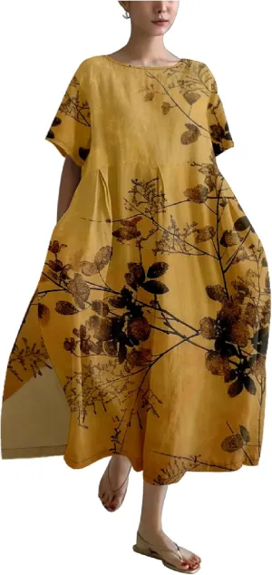 MARSVOVO Boho Dress for Women 2024 Plus Size Retro Moon Pattern Oversized Trendy Pleated High Waist Flowy Japanese Dress