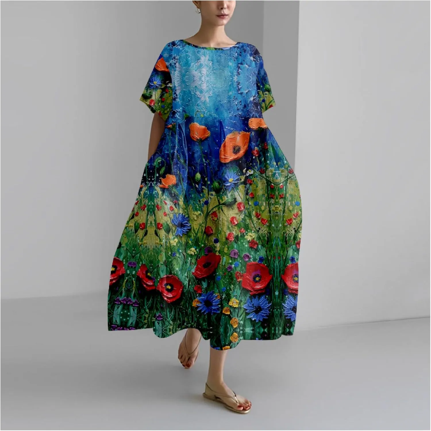 MARSVOVO Women's Summer Dress Vintage Country Scenery Oil Painting High Waist Ruffle Hem Oversized Lounge Loose Sundress