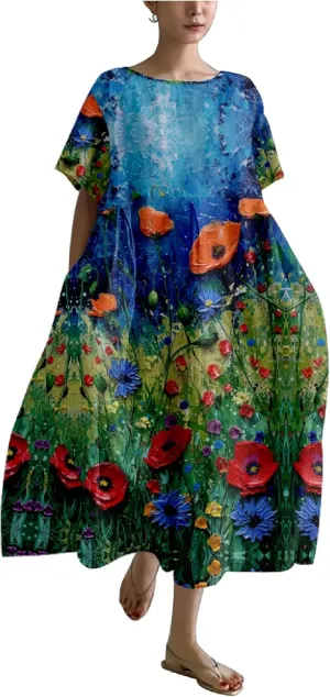 MARSVOVO Women's Summer Dress Vintage Country Scenery Oil Painting High Waist Ruffle Hem Oversized Lounge Loose Sundress