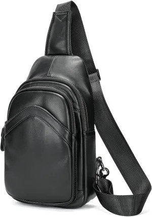 MASIWEI Genuine Leather Sling Bag for Mens Crossbody Bag Shoulder Backpack Fashion Chest Bag Travel Hiking Daypack, Black