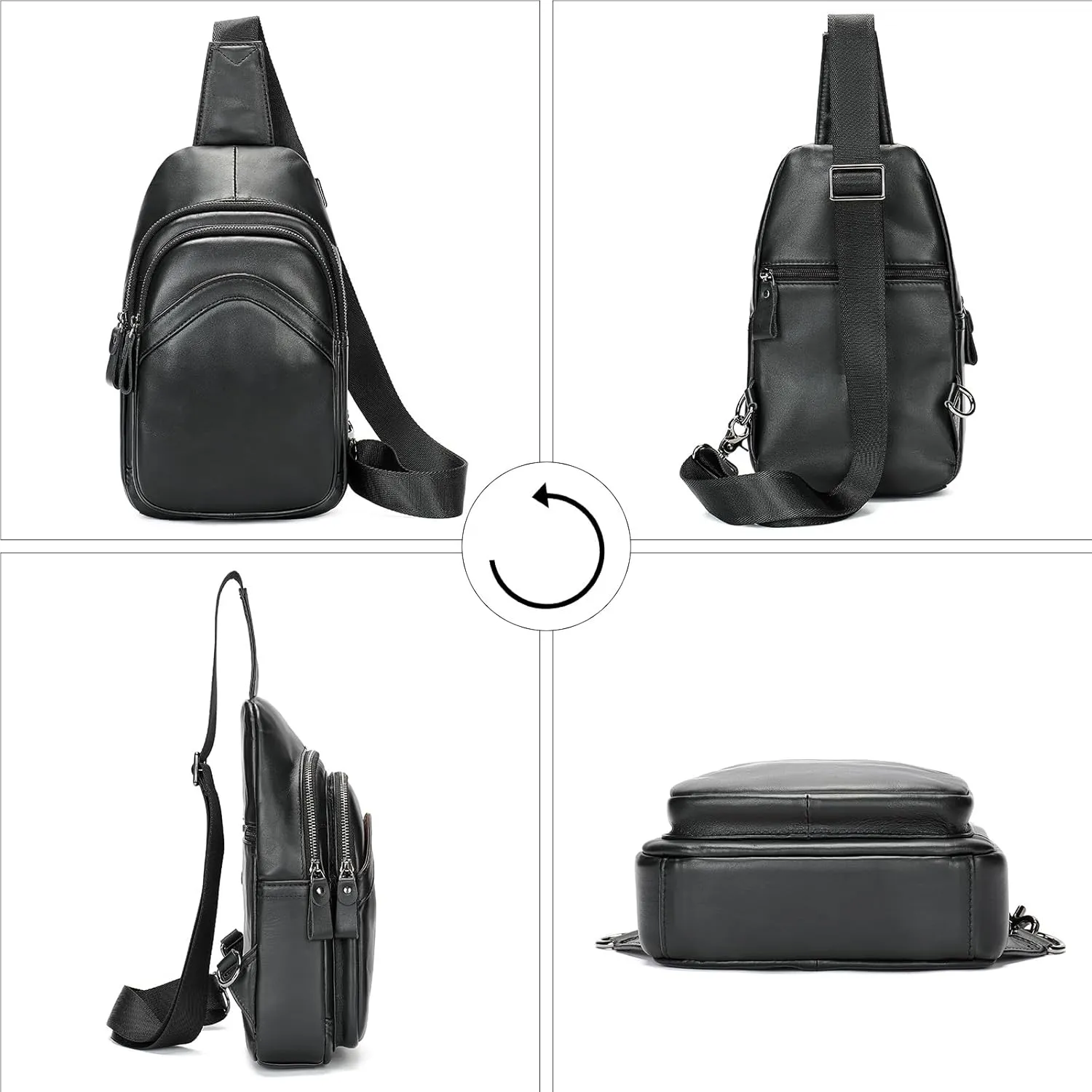 MASIWEI Genuine Leather Sling Bag for Mens Crossbody Bag Shoulder Backpack Fashion Chest Bag Travel Hiking Daypack, Black