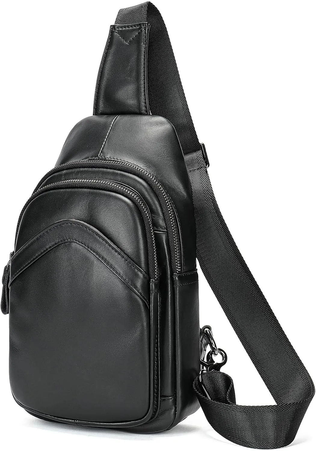 MASIWEI Genuine Leather Sling Bag for Mens Crossbody Bag Shoulder Backpack Fashion Chest Bag Travel Hiking Daypack, Black