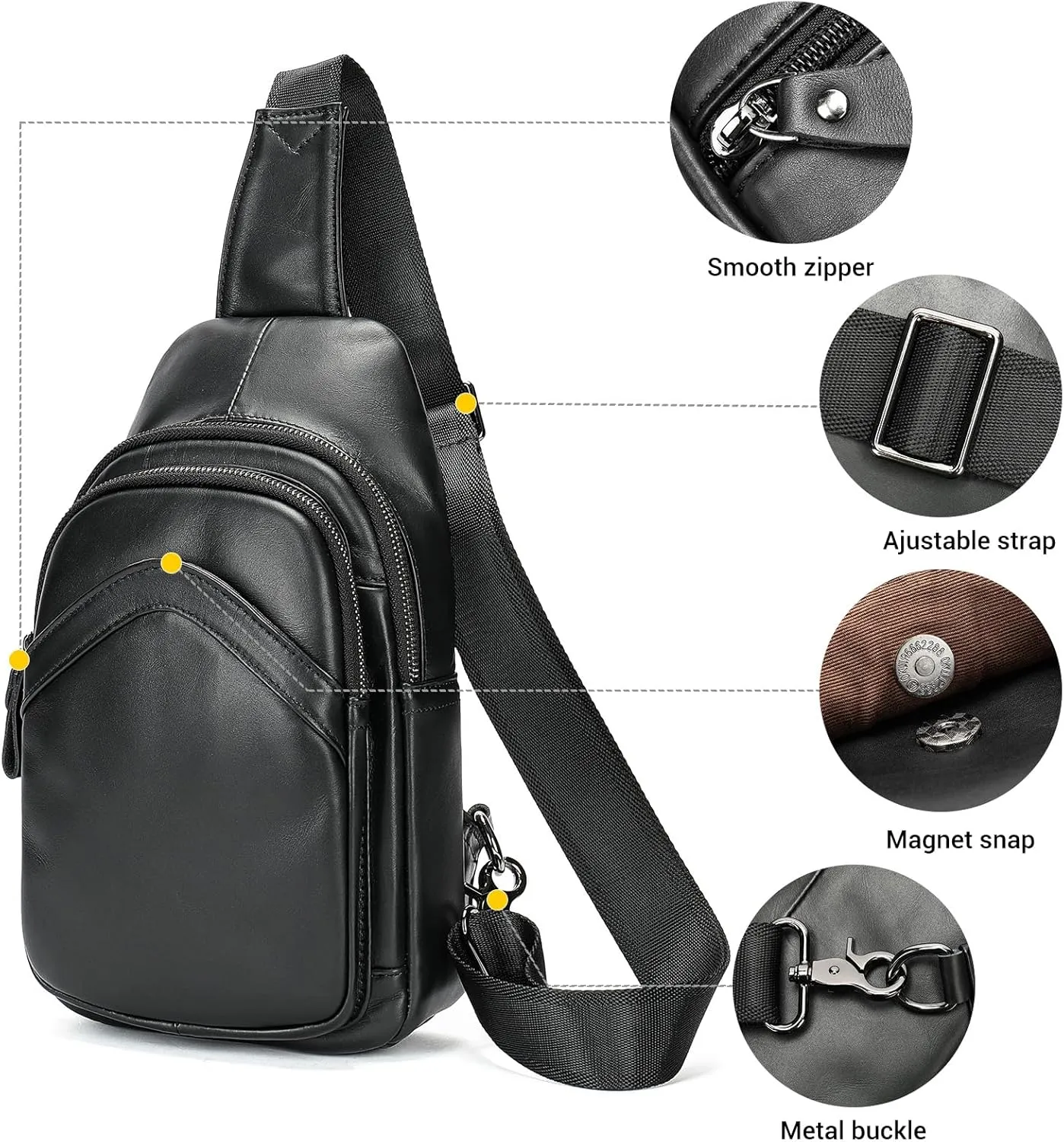 MASIWEI Genuine Leather Sling Bag for Mens Crossbody Bag Shoulder Backpack Fashion Chest Bag Travel Hiking Daypack, Black