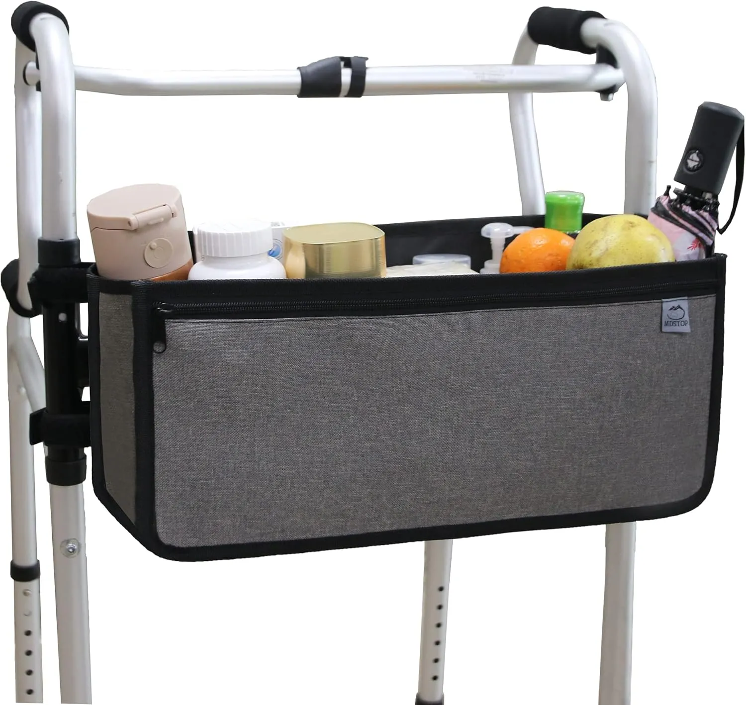 MDSTOP Walker Basket, Walker Bag Water Cup Holder, Foldable Walker Attachment Hands-Free Storage Bag for Elderly, Senior, Large Capacity with Zippered Phone Pocket (Not Fit Rollator Walkers)