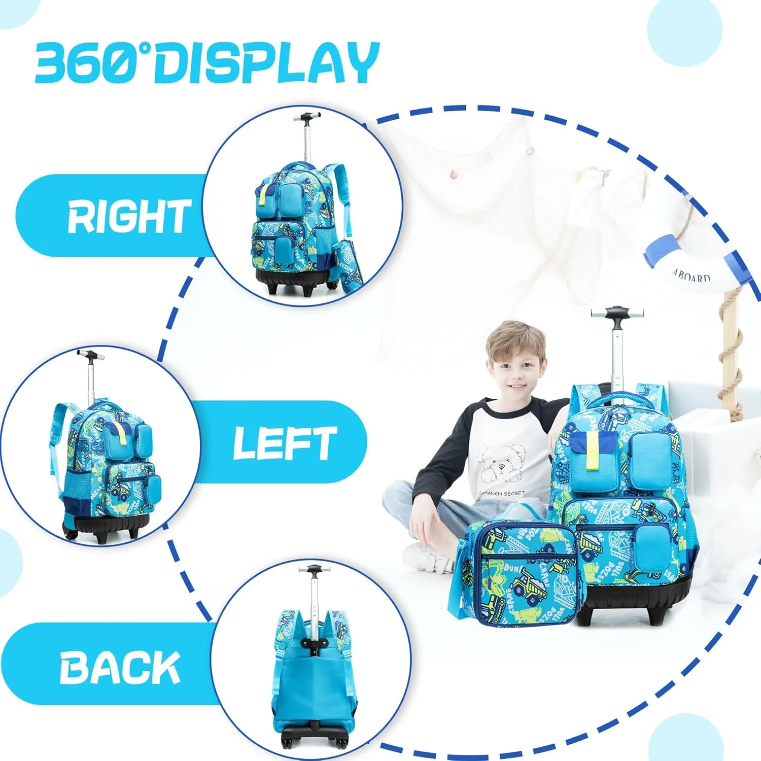 Meetbelify Rolling Backpack for Boys 3 in 1 18inch Backpack with Wheels Kids Suitcase for Boys Travel Luggage with Lunch Box Pencil Case for Elementary Students Back to School Supplies