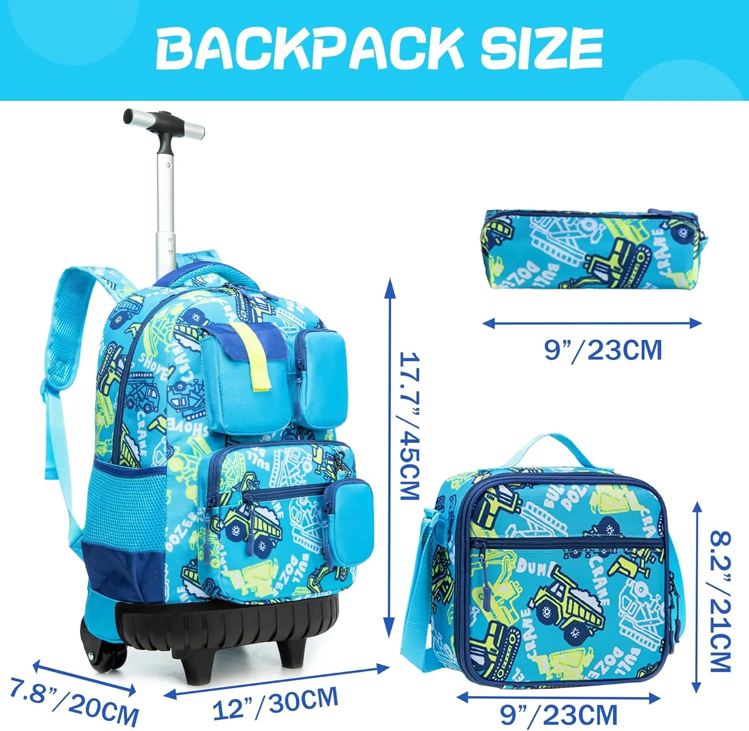 Meetbelify Rolling Backpack for Boys 3 in 1 18inch Backpack with Wheels Kids Suitcase for Boys Travel Luggage with Lunch Box Pencil Case for Elementary Students Back to School Supplies