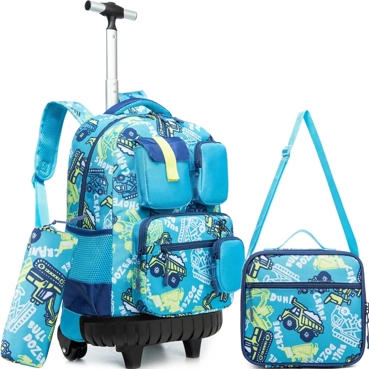 Meetbelify Rolling Backpack for Boys 3 in 1 18inch Backpack with Wheels Kids Suitcase for Boys Travel Luggage with Lunch Box Pencil Case for Elementary Students Back to School Supplies