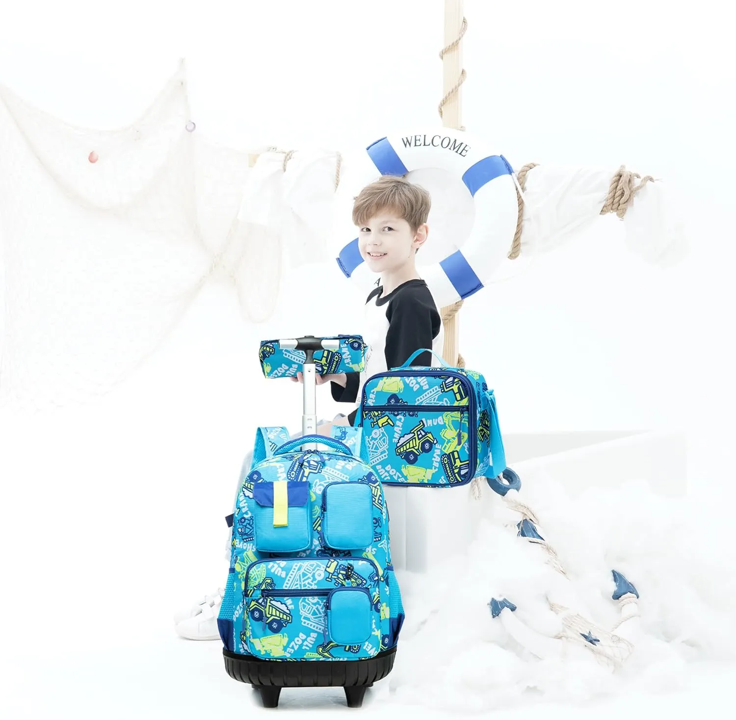 Meetbelify Rolling Backpack for Boys 3 in 1 18inch Backpack with Wheels Kids Suitcase for Boys Travel Luggage with Lunch Box Pencil Case for Elementary Students Back to School Supplies