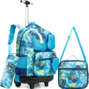 Meetbelify Rolling Backpack for Boys 3 in 1 18inch Backpack with Wheels Kids Suitcase for Boys Travel Luggage with Lunch Box Pencil Case for Elementary Students Back to School Supplies