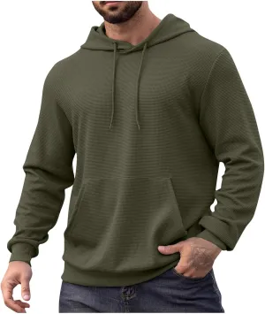 Men Hoodies Waffle Knit Solid Color Fashion Sweatshirts Long Sleeve Comfy Lightweight Hooded Sweatshirt