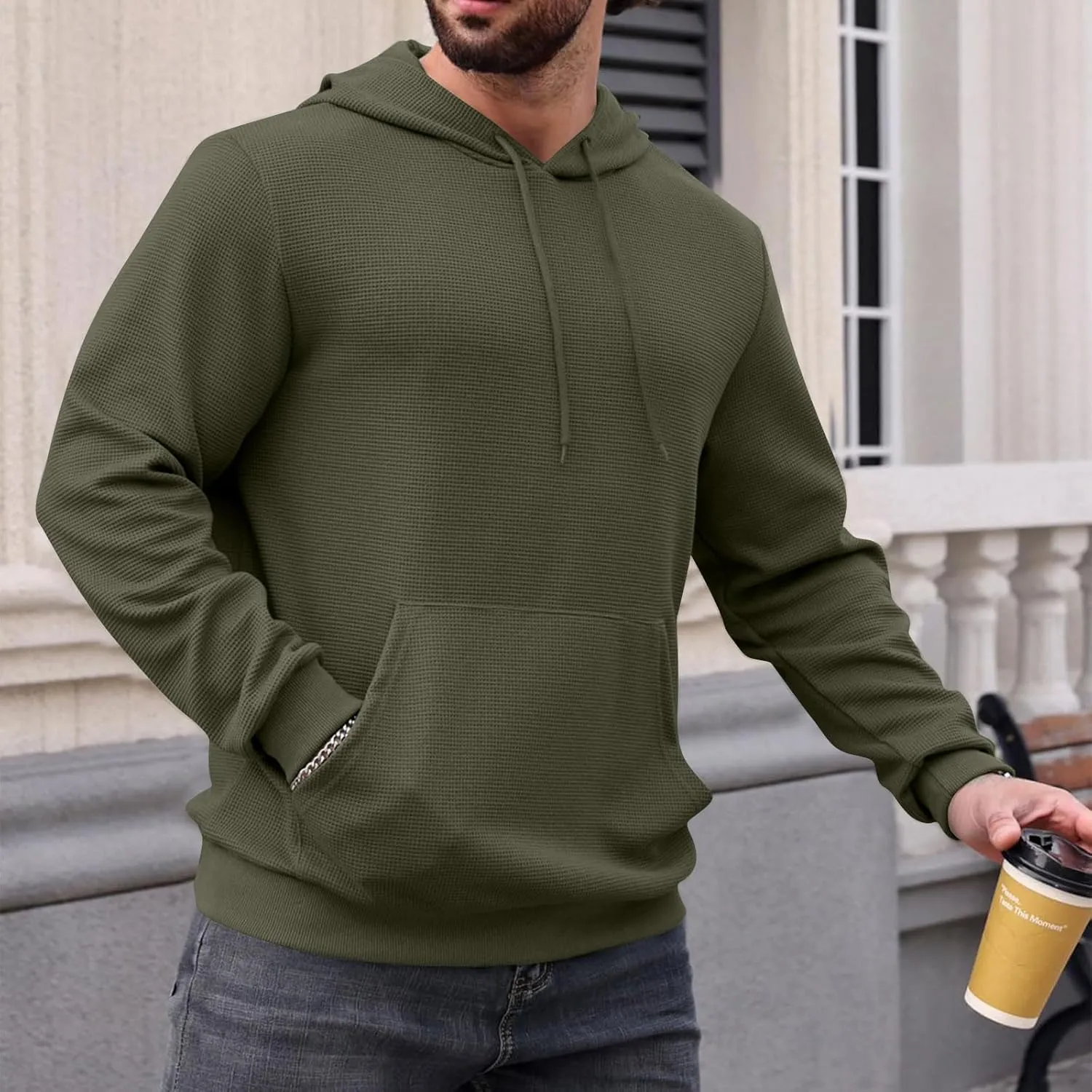 Men Hoodies Waffle Knit Solid Color Fashion Sweatshirts Long Sleeve Comfy Lightweight Hooded Sweatshirt